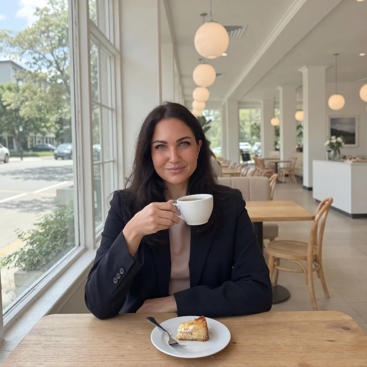 Cayley Wright, founder of WrightOps, at a coffee shop with a cup of tea.